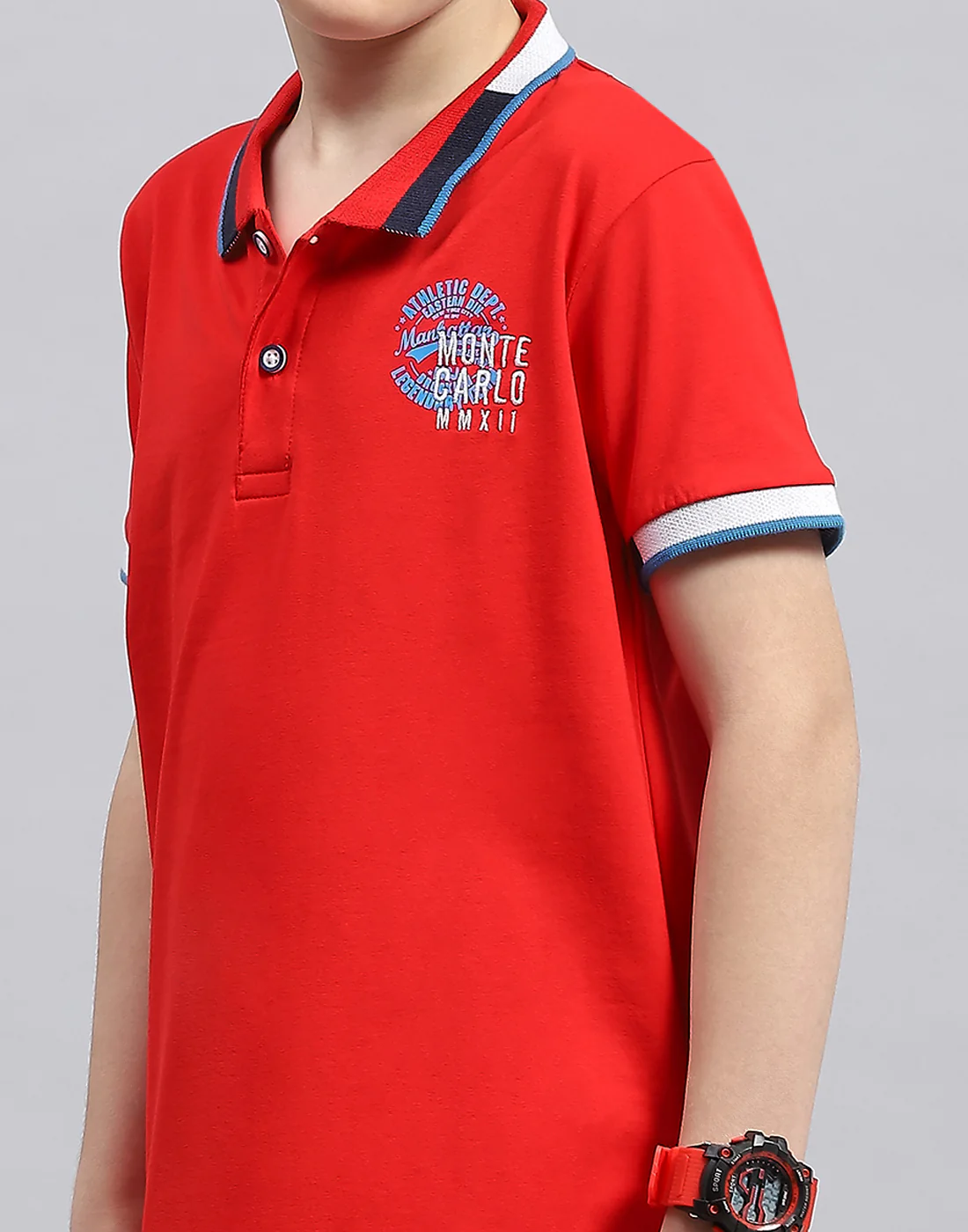 Boys Red Printed Polo Collar Half Sleeve T-Shirt - Image 6