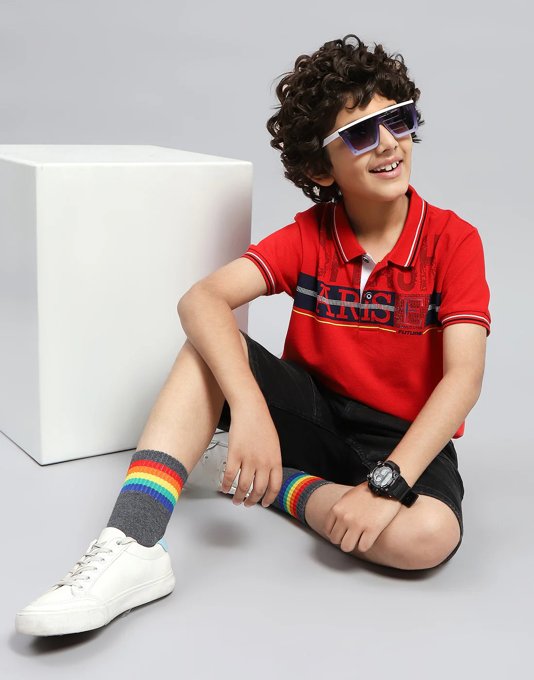 Boys Red Printed Polo Collar Half Sleeve T-Shirt - Image 2