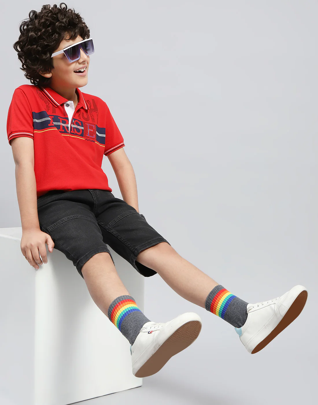 Boys Red Printed Polo Collar Half Sleeve T-Shirt - Image 3