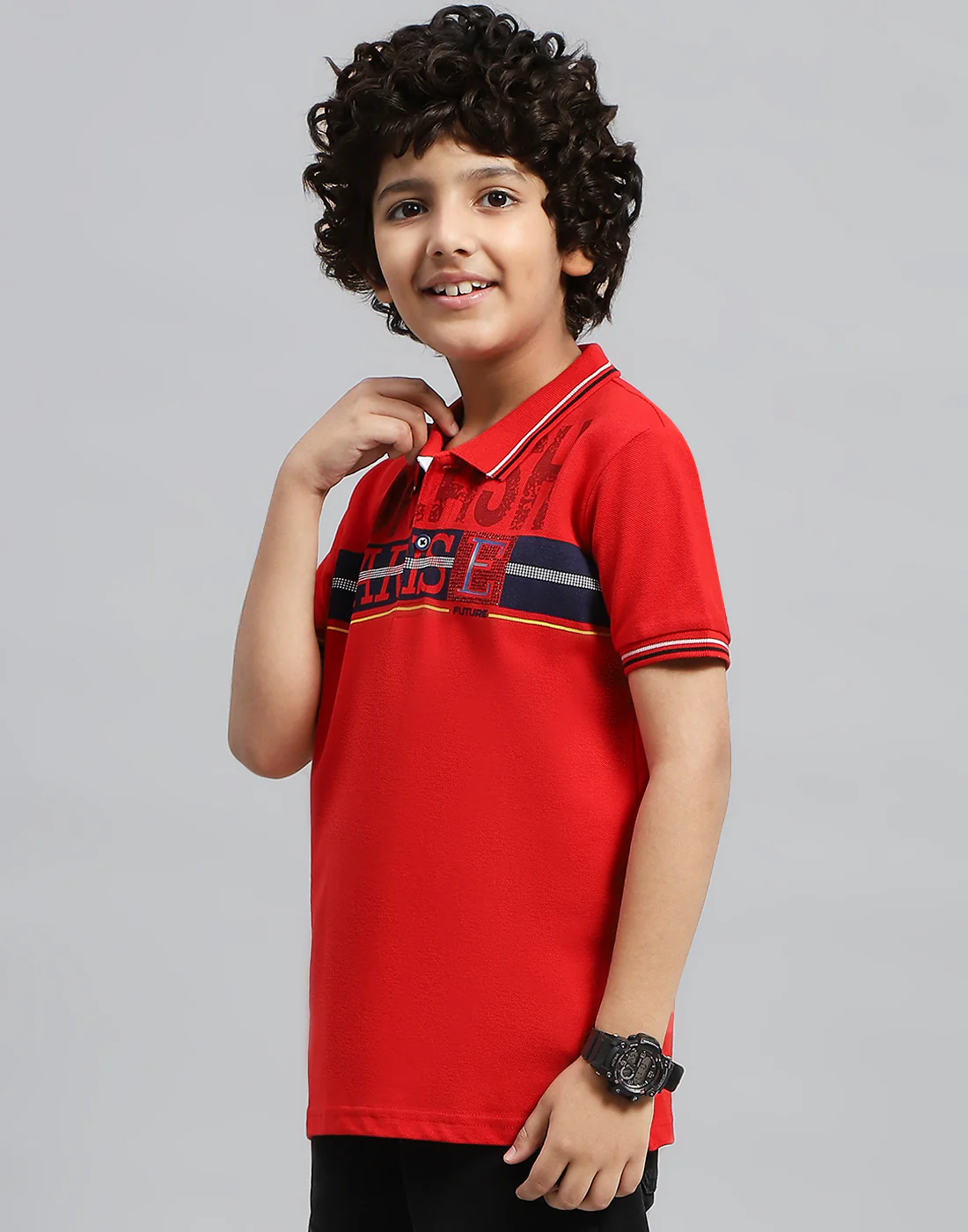 Boys Red Printed Polo Collar Half Sleeve T-Shirt - Image 5