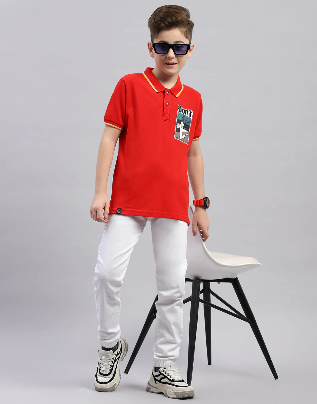 Boys Red Printed Polo Collar Half Sleeve T-Shirt - Image 2