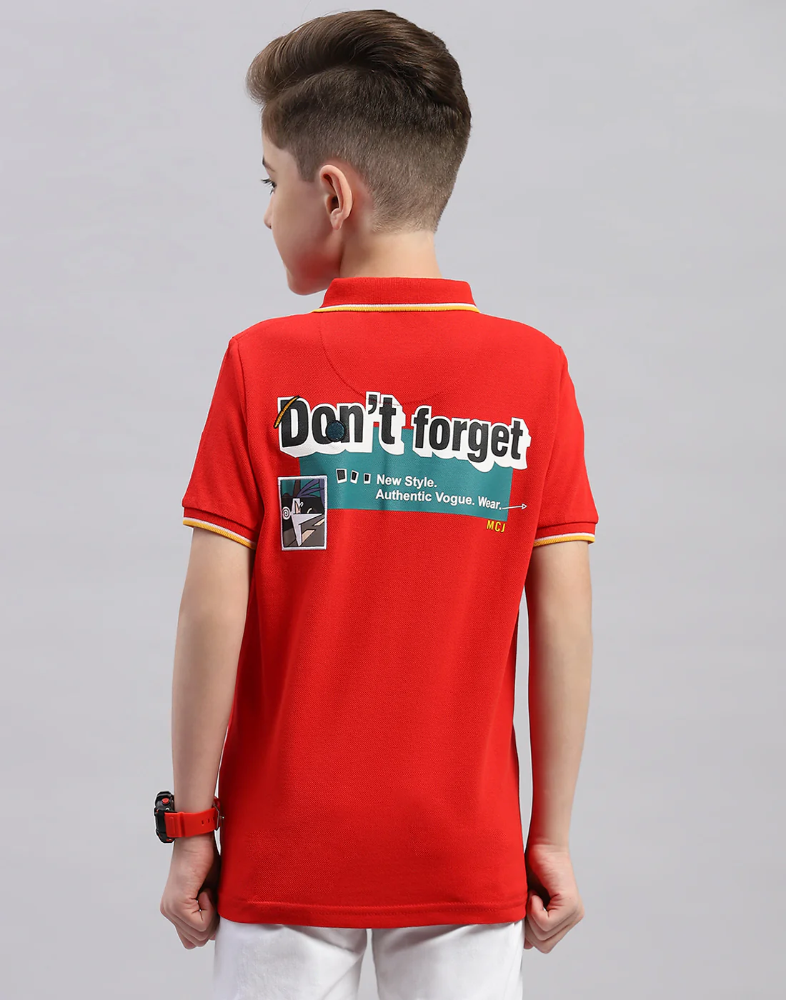 Boys Red Printed Polo Collar Half Sleeve T-Shirt - Image 5