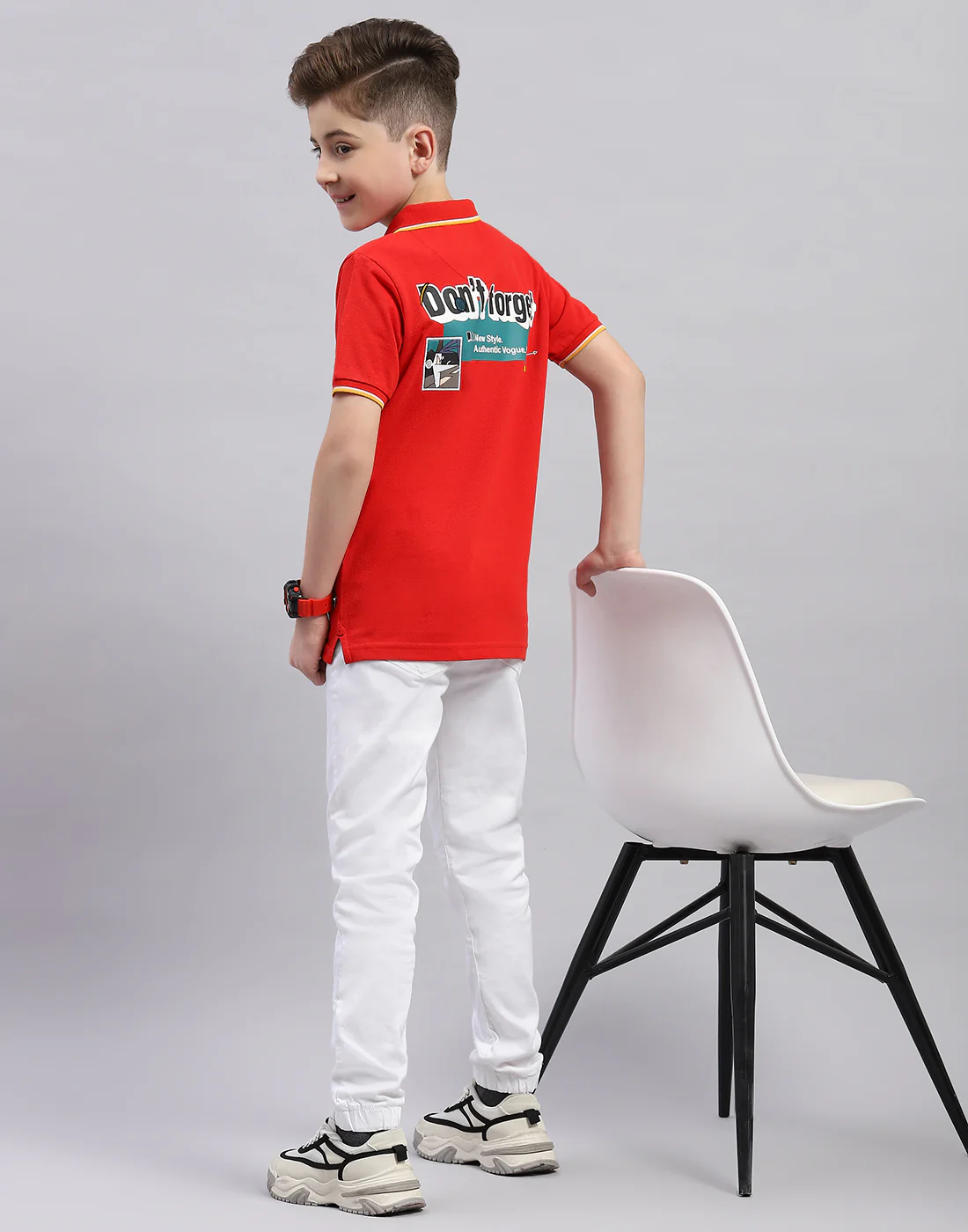 Boys Red Printed Polo Collar Half Sleeve T-Shirt - Image 6