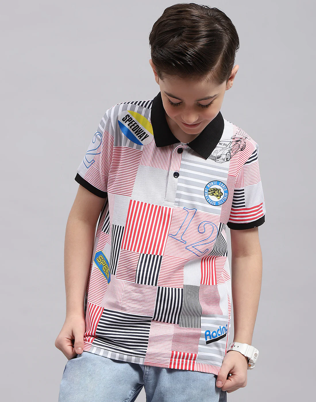 Boys Red Printed Polo Collar Half Sleeve T-Shirt - Image 2
