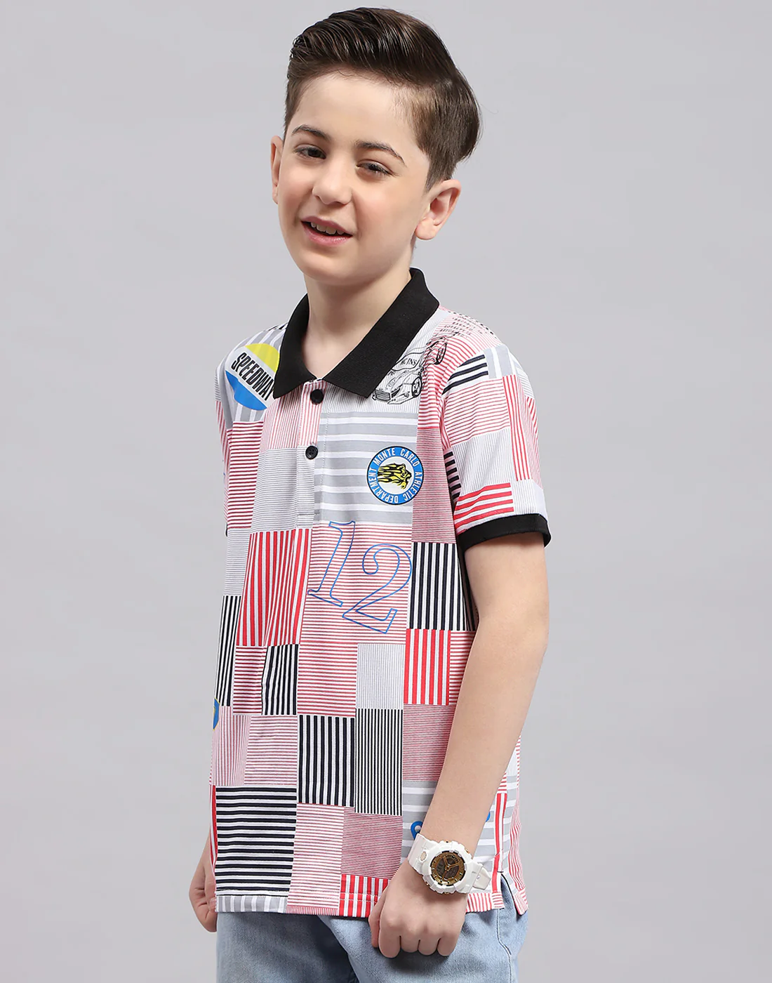 Boys Red Printed Polo Collar Half Sleeve T-Shirt - Image 3