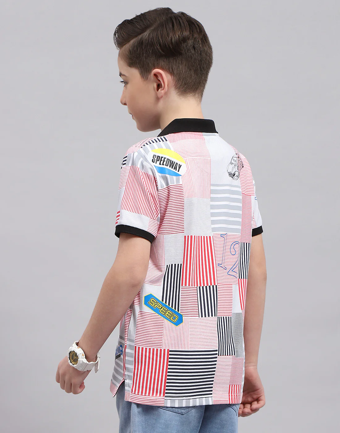 Boys Red Printed Polo Collar Half Sleeve T-Shirt - Image 5