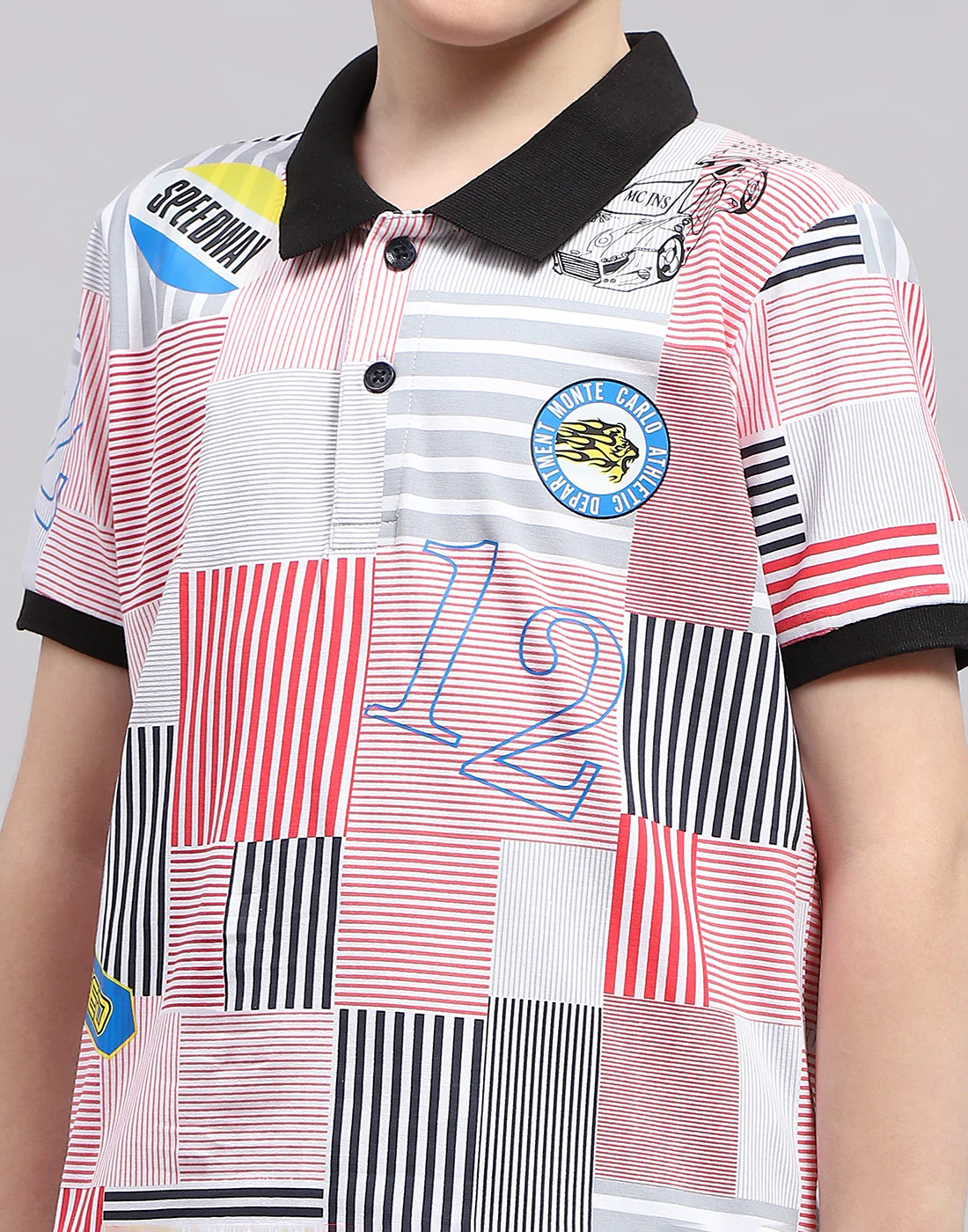 Boys Red Printed Polo Collar Half Sleeve T-Shirt - Image 6