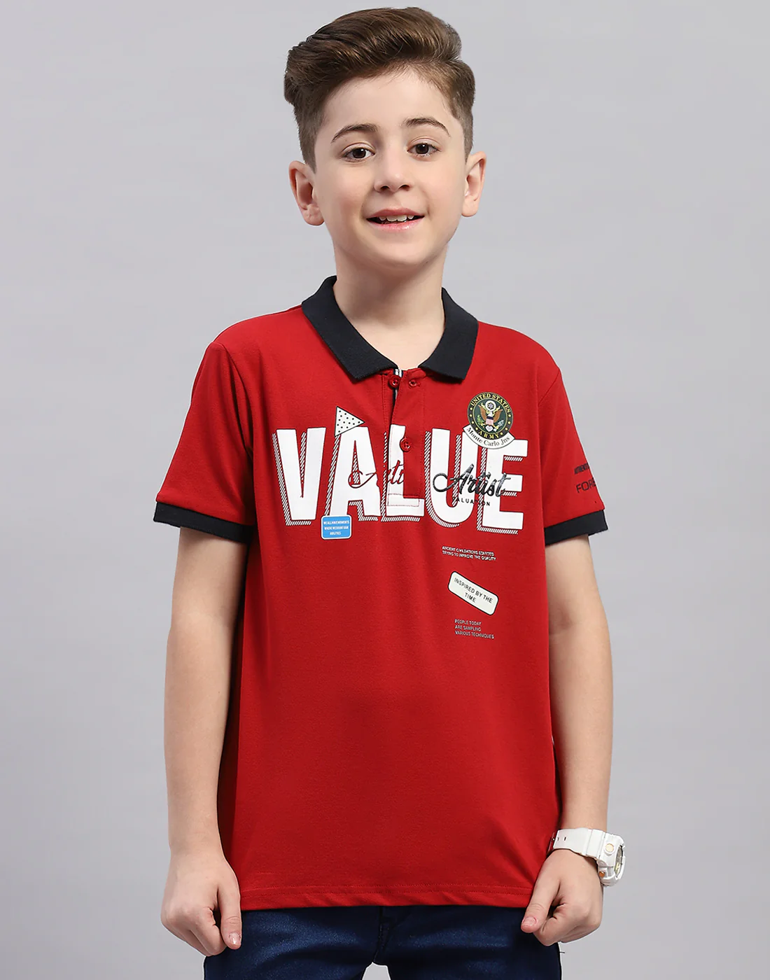 Boys Red Printed Polo Collar Half Sleeve T-Shirt
