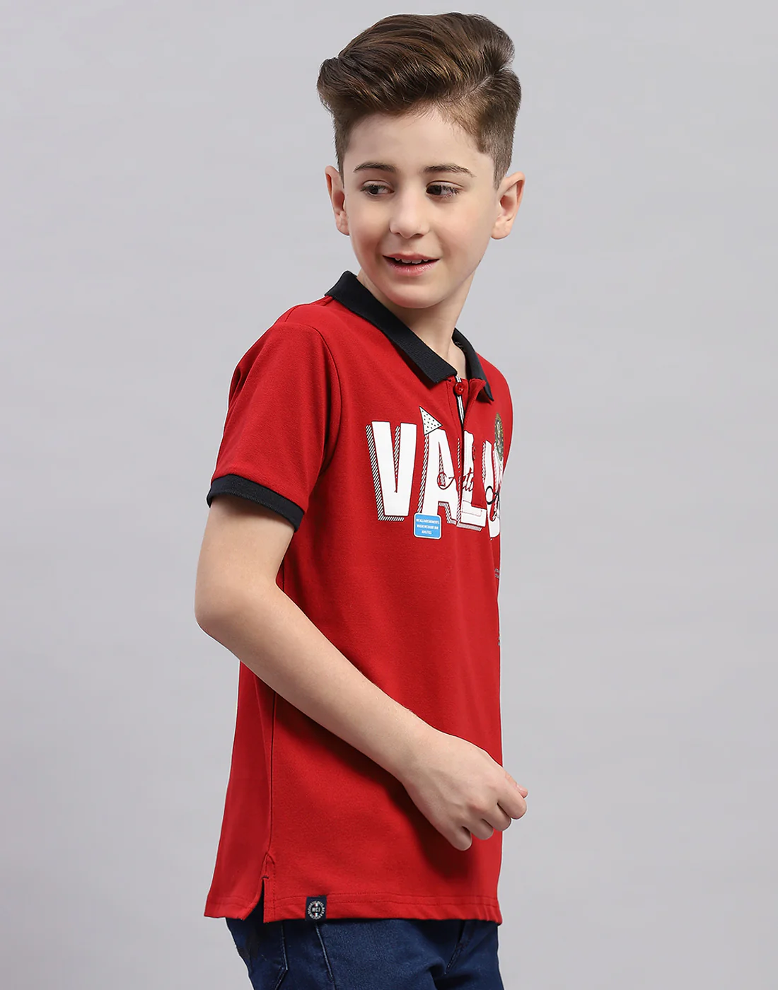 Boys Red Printed Polo Collar Half Sleeve T-Shirt - Image 4