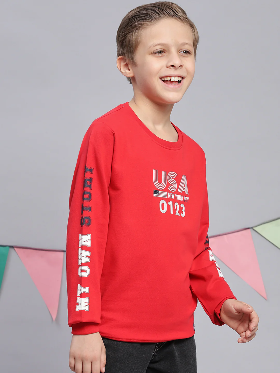 Boys Red Printed Round Neck Full Sleeve Sweatshirt - Image 4