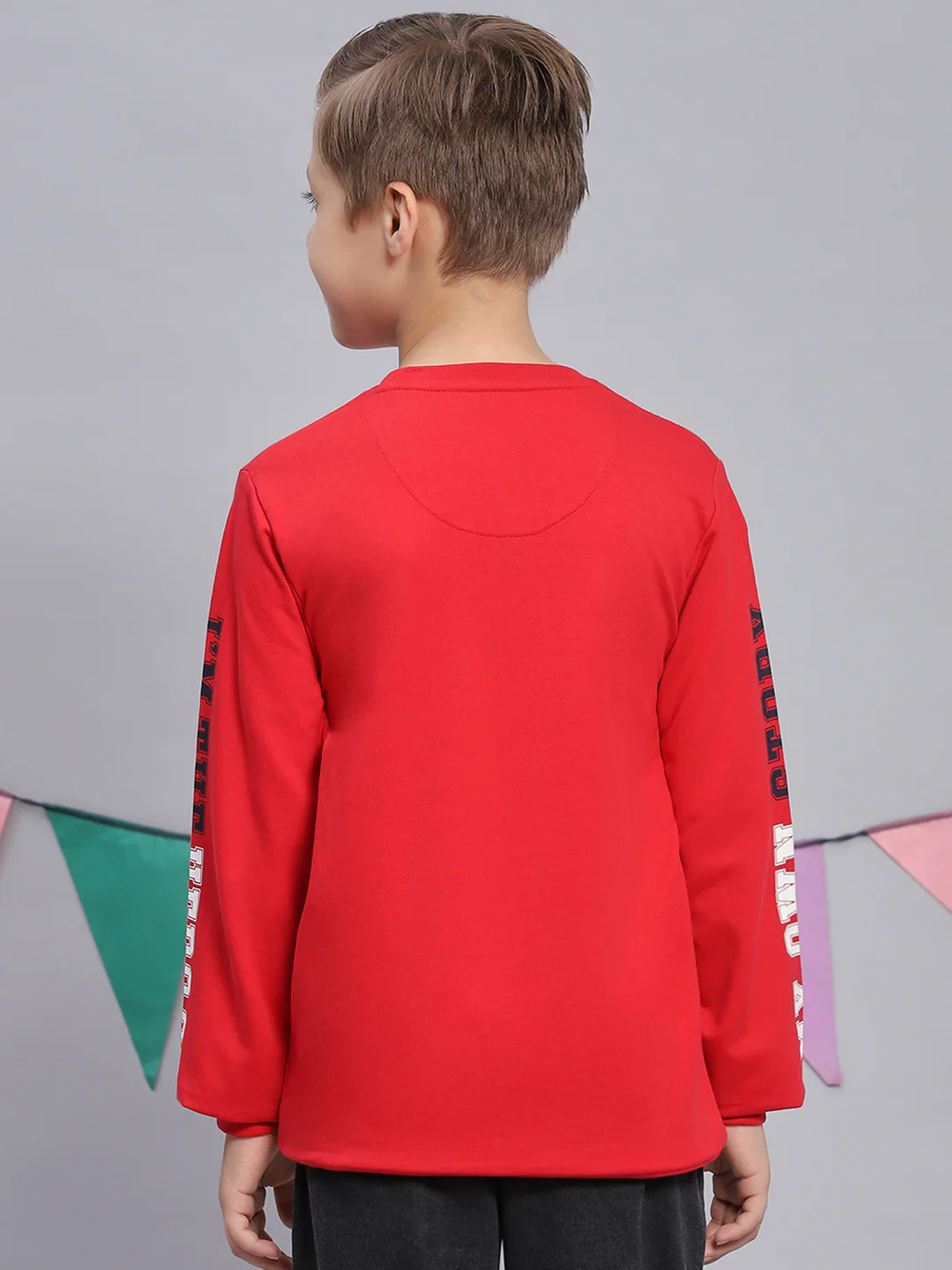 Boys Red Printed Round Neck Full Sleeve Sweatshirt - Image 5