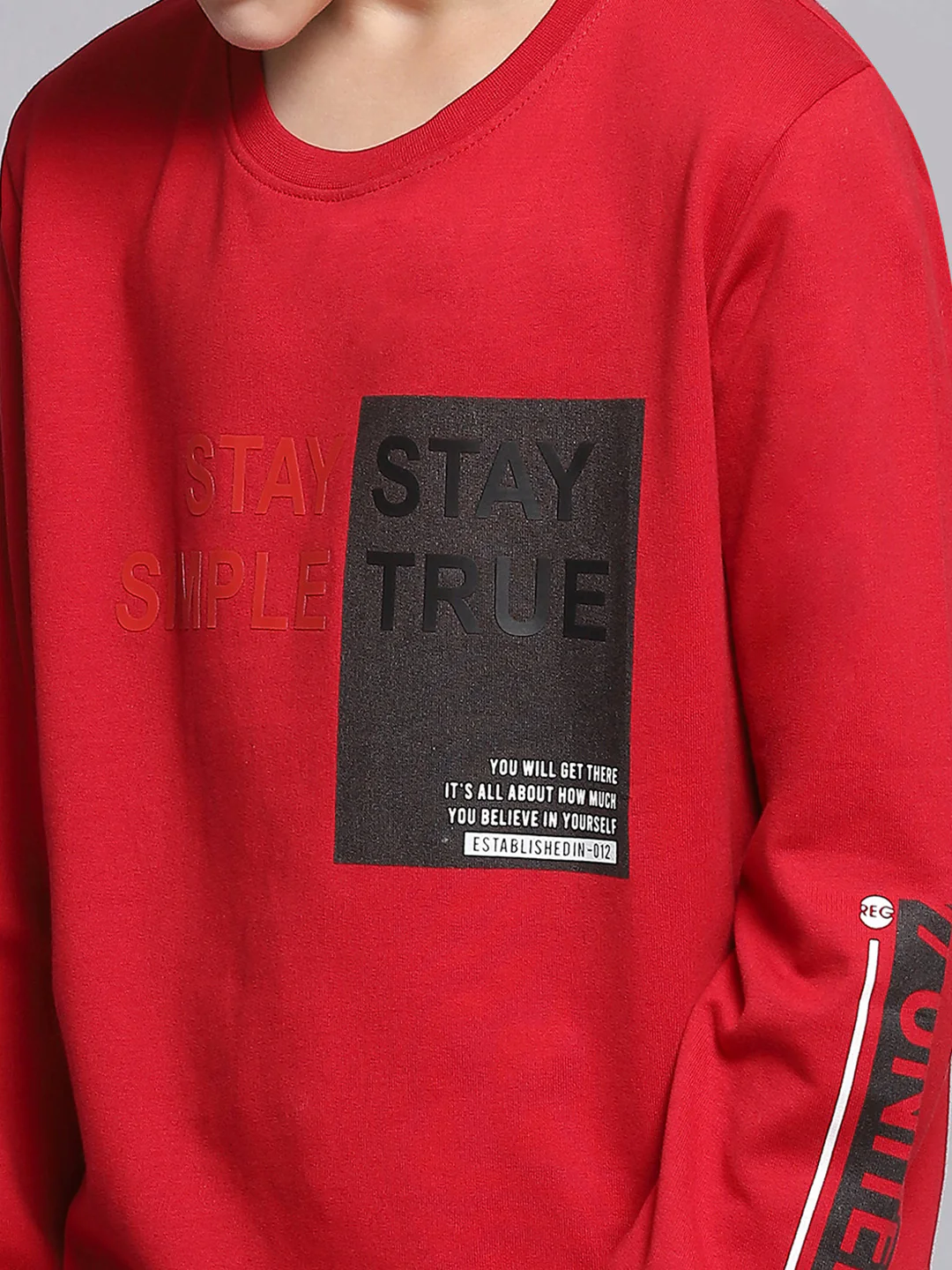 Boys Red Printed Round Neck Full Sleeve Sweatshirt - Image 6