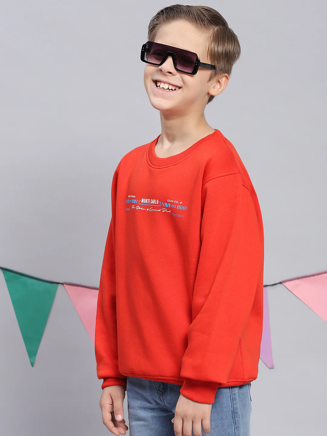 Boys Red Printed Round Neck Full Sleeve Sweatshirt - Image 3
