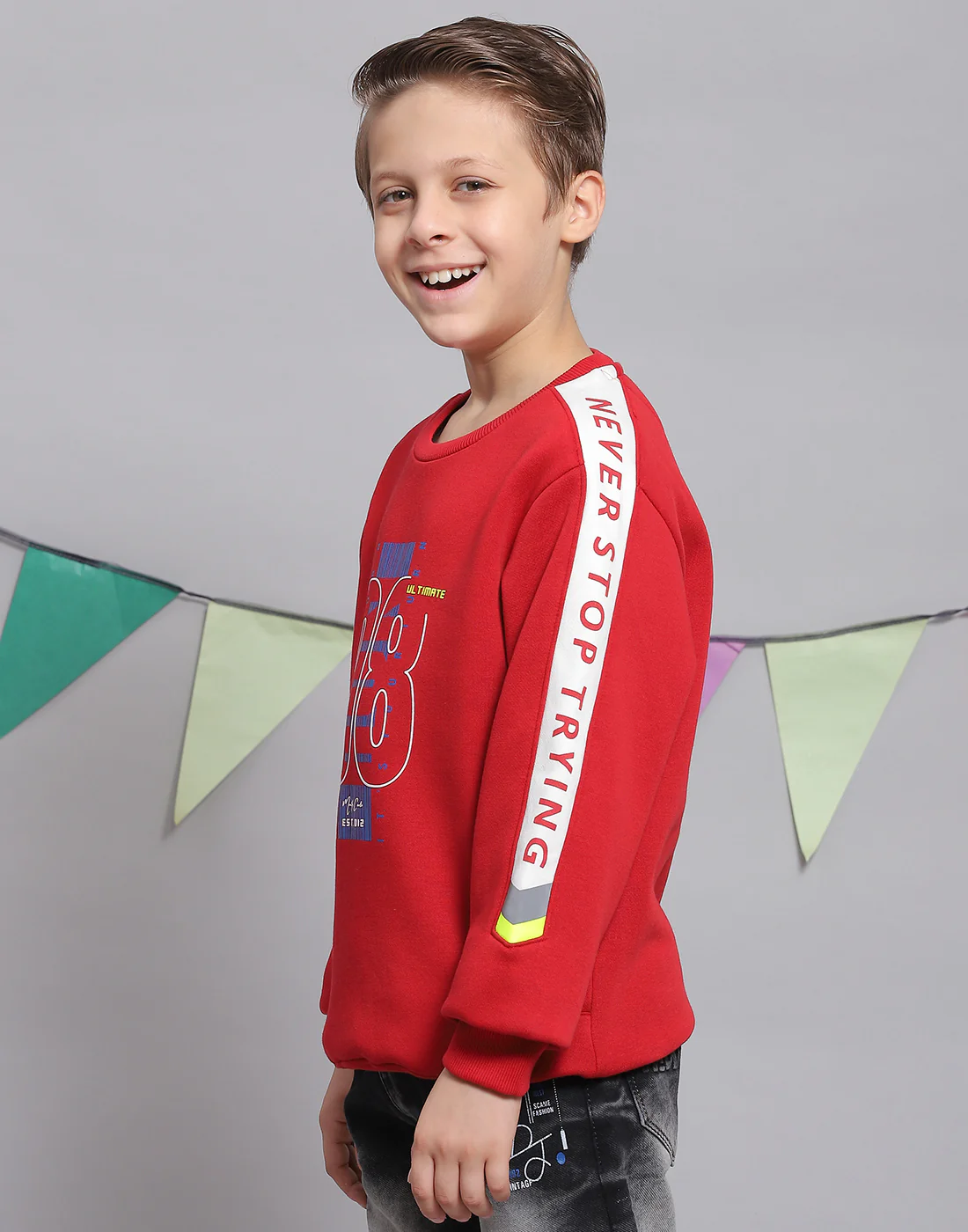Boys Red Printed Round Neck Full Sleeve Sweatshirt - Image 3