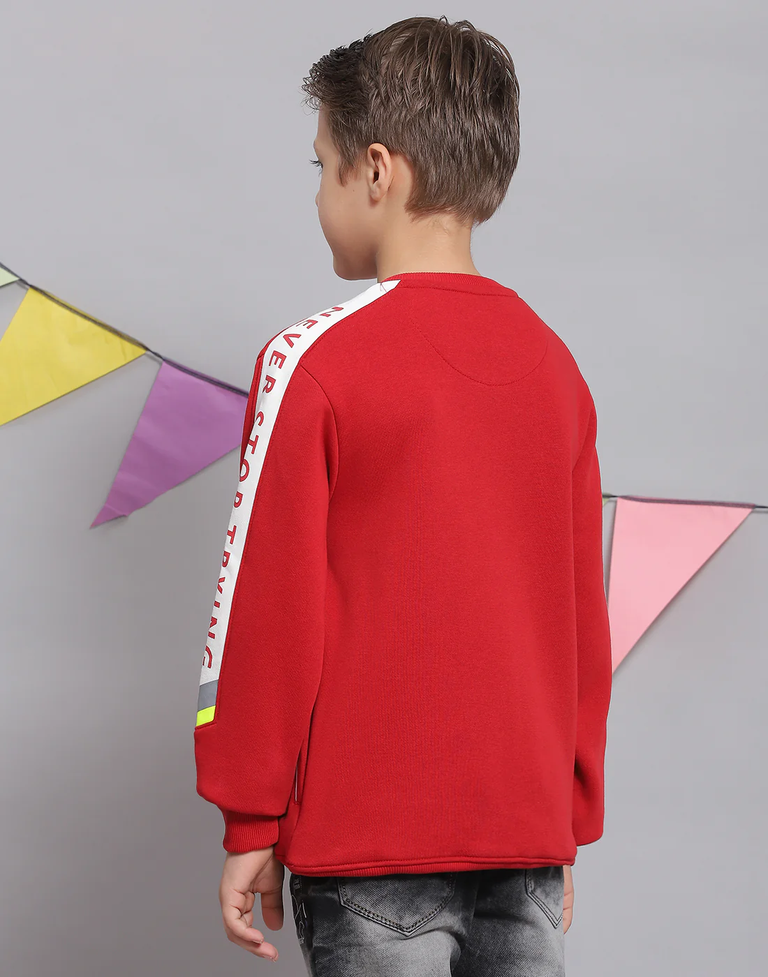 Boys Red Printed Round Neck Full Sleeve Sweatshirt - Image 5