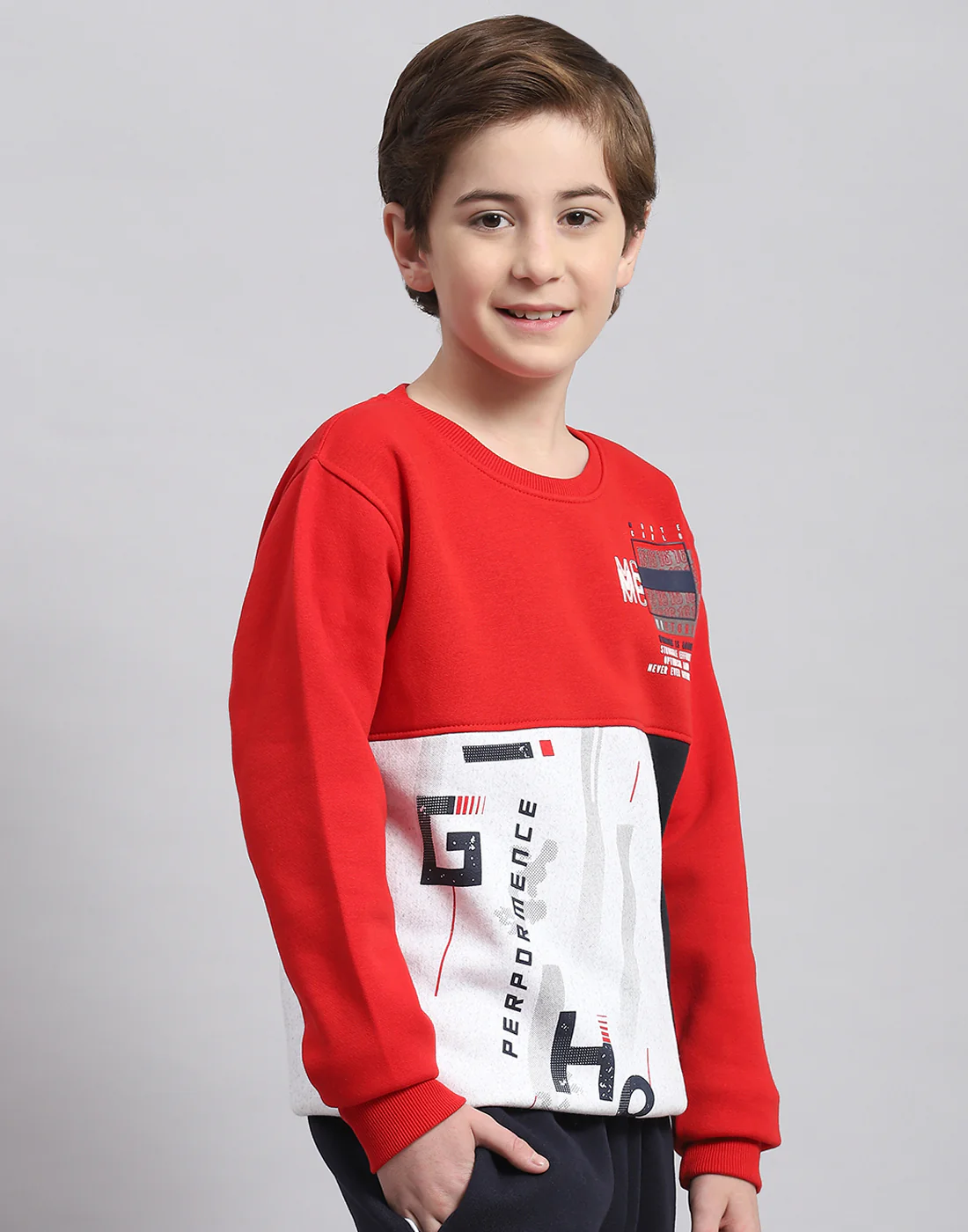 Boys Red Printed Round Neck Full Sleeve Sweatshirt - Image 4