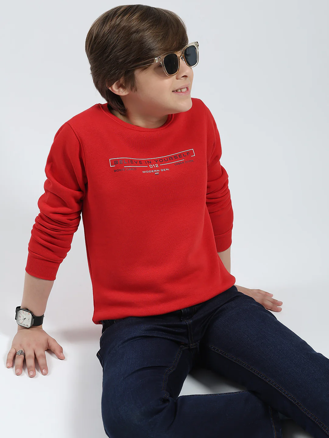 Boys Red Printed Round Neck Full Sleeve Sweatshirt - Image 6