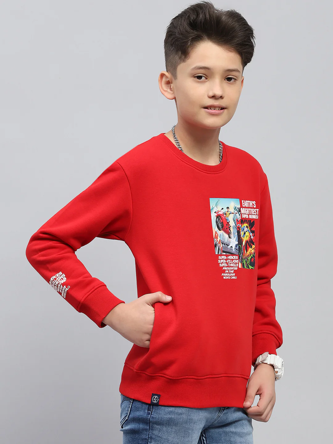 Boys Red Printed Round Neck Full Sleeve Sweatshirt - Image 4