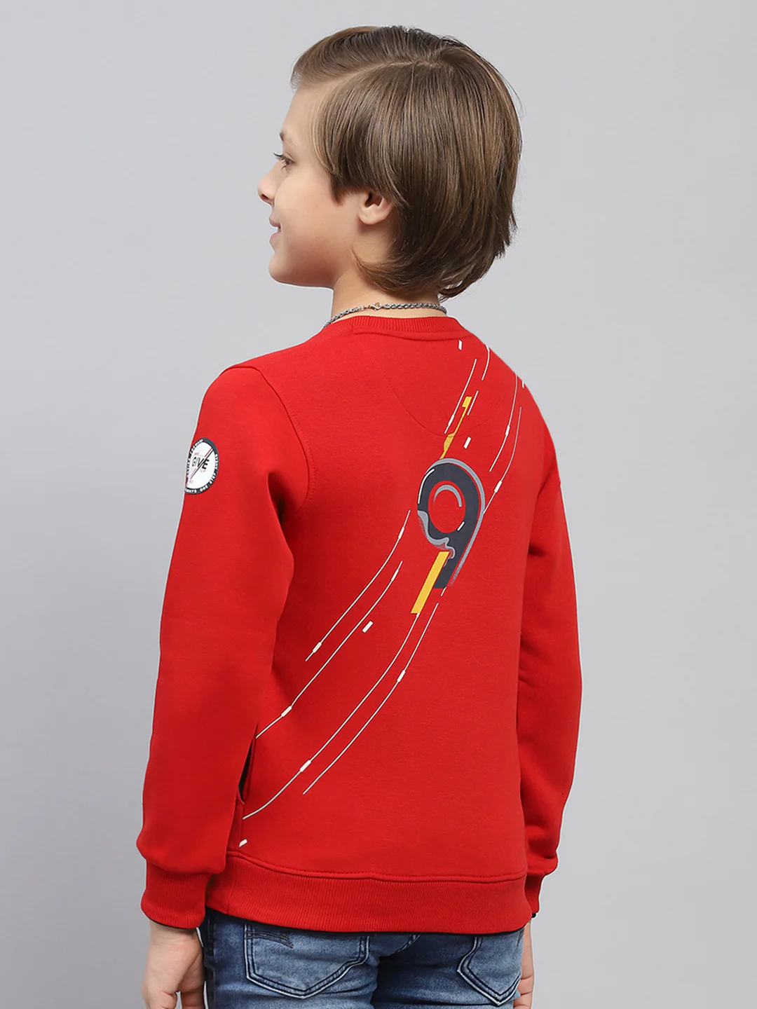 Boys Red Printed Round Neck Full Sleeve Sweatshirt - Image 5