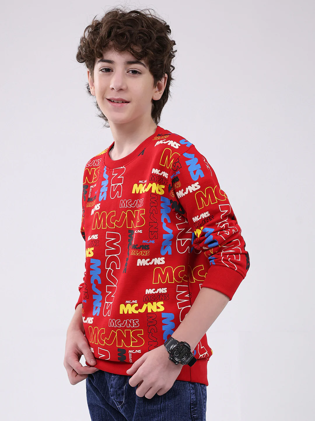 Boys Red Printed Round Neck Full Sleeve Sweatshirt - Image 3