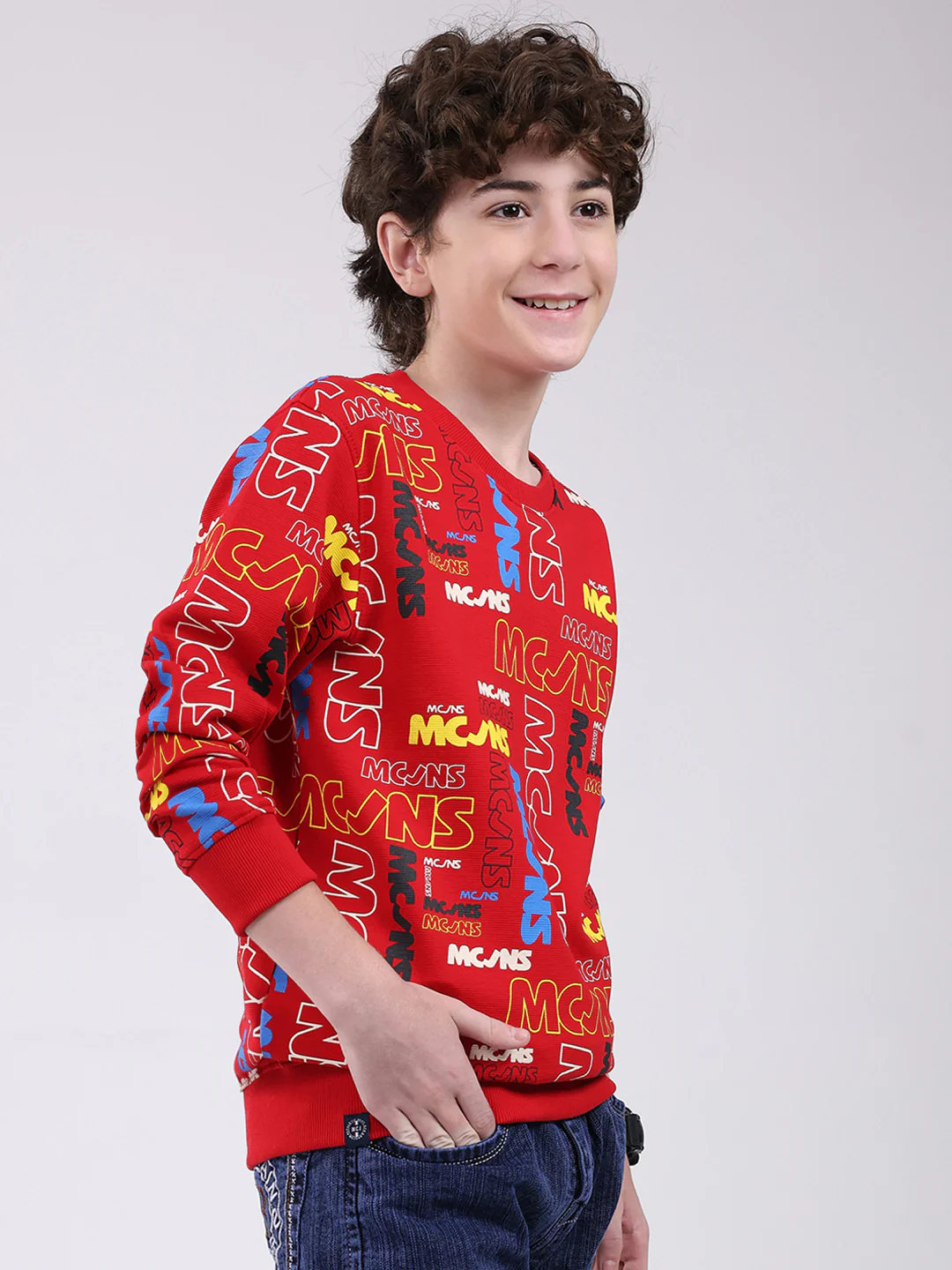 Boys Red Printed Round Neck Full Sleeve Sweatshirt - Image 4