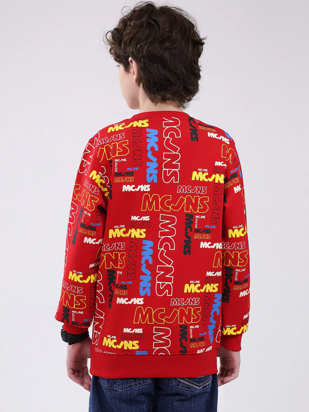 Boys Red Printed Round Neck Full Sleeve Sweatshirt - Image 5