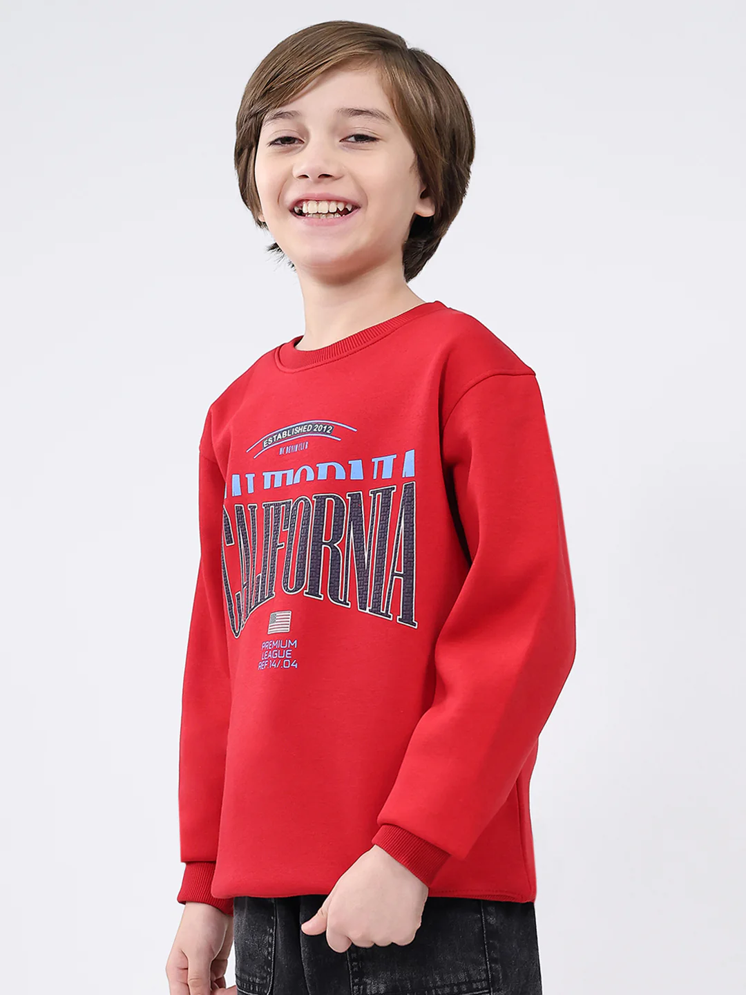 Boys Red Printed Round Neck Full Sleeve Sweatshirt - Image 3
