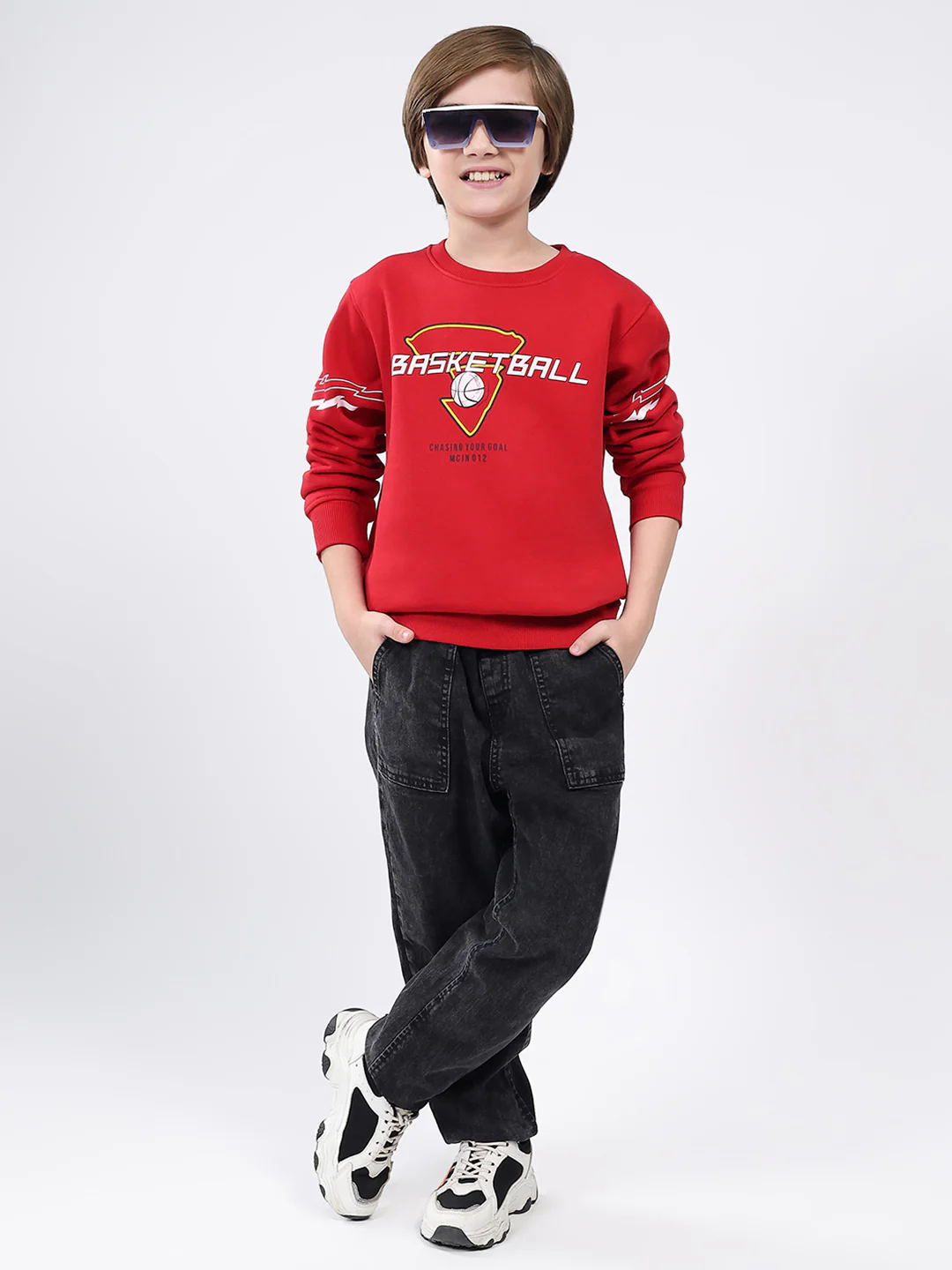 Boys Red Printed Round Neck Full Sleeve Sweatshirt - Image 2