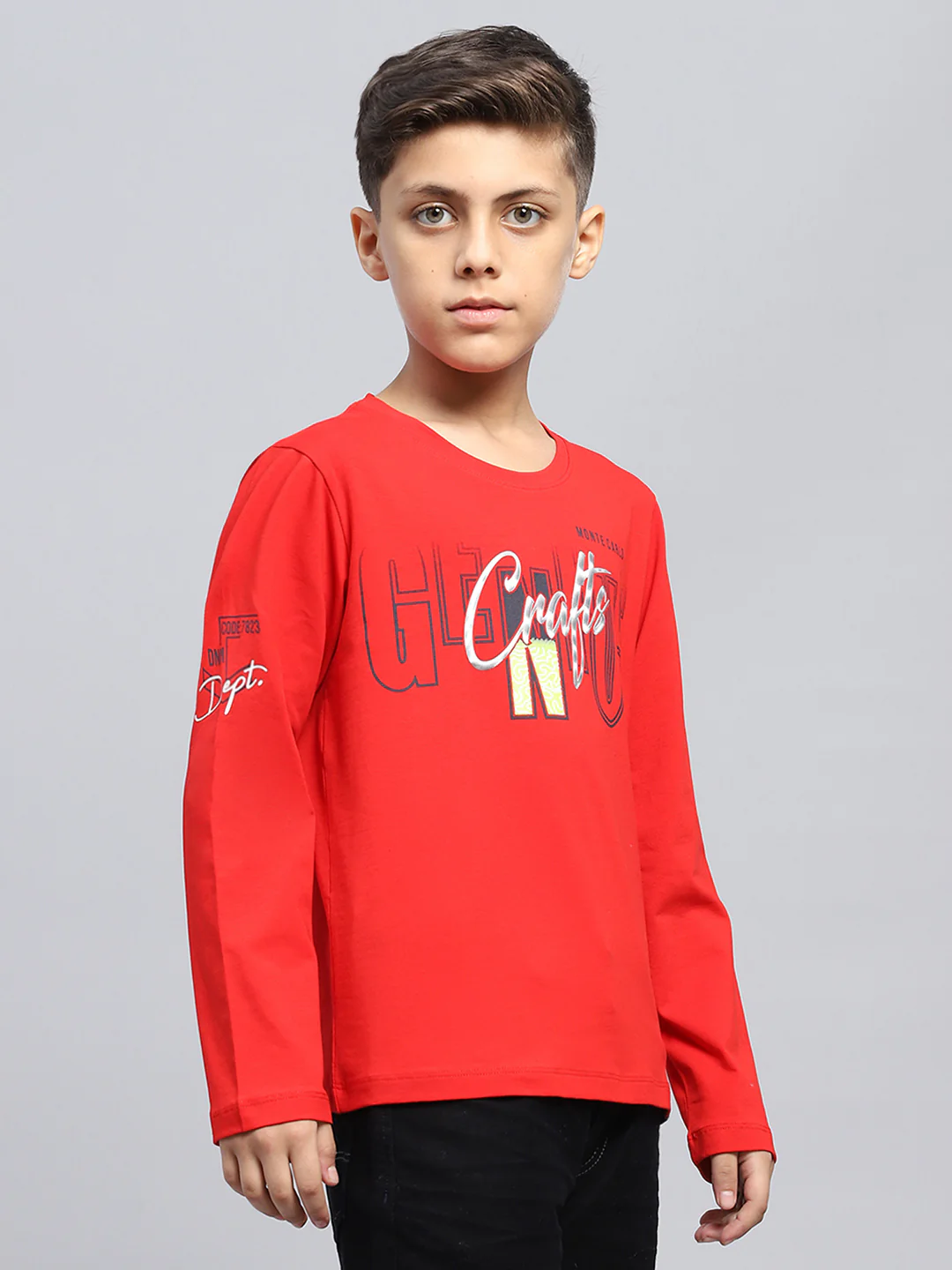 Boys Red Printed Round Neck Full Sleeve T-Shirt - Image 4