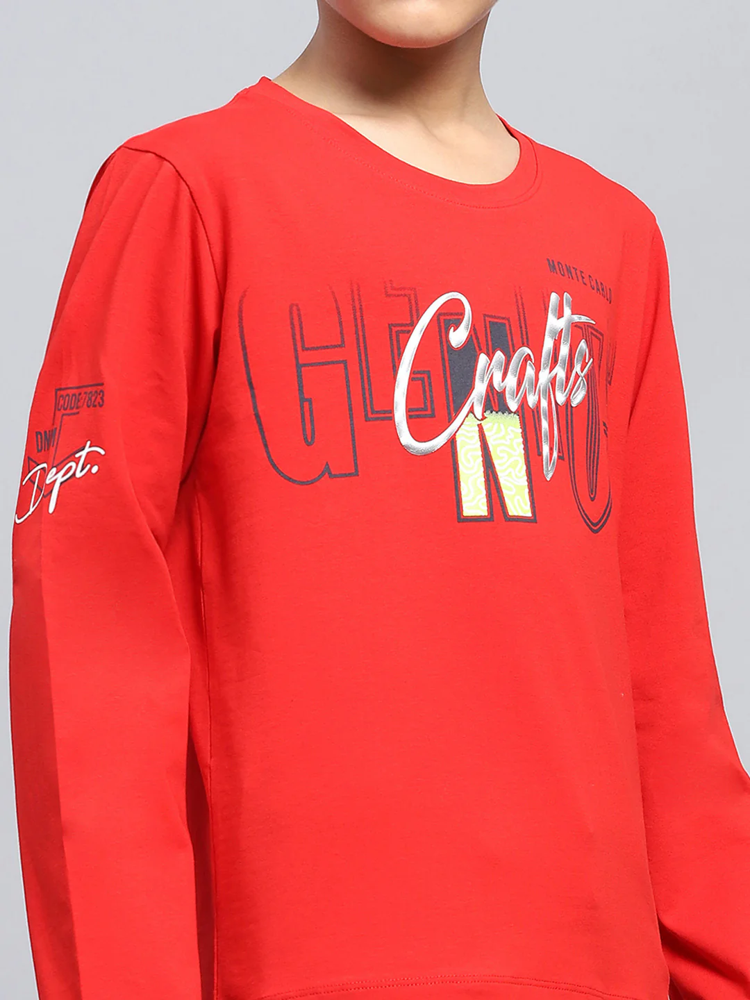 Boys Red Printed Round Neck Full Sleeve T-Shirt - Image 6