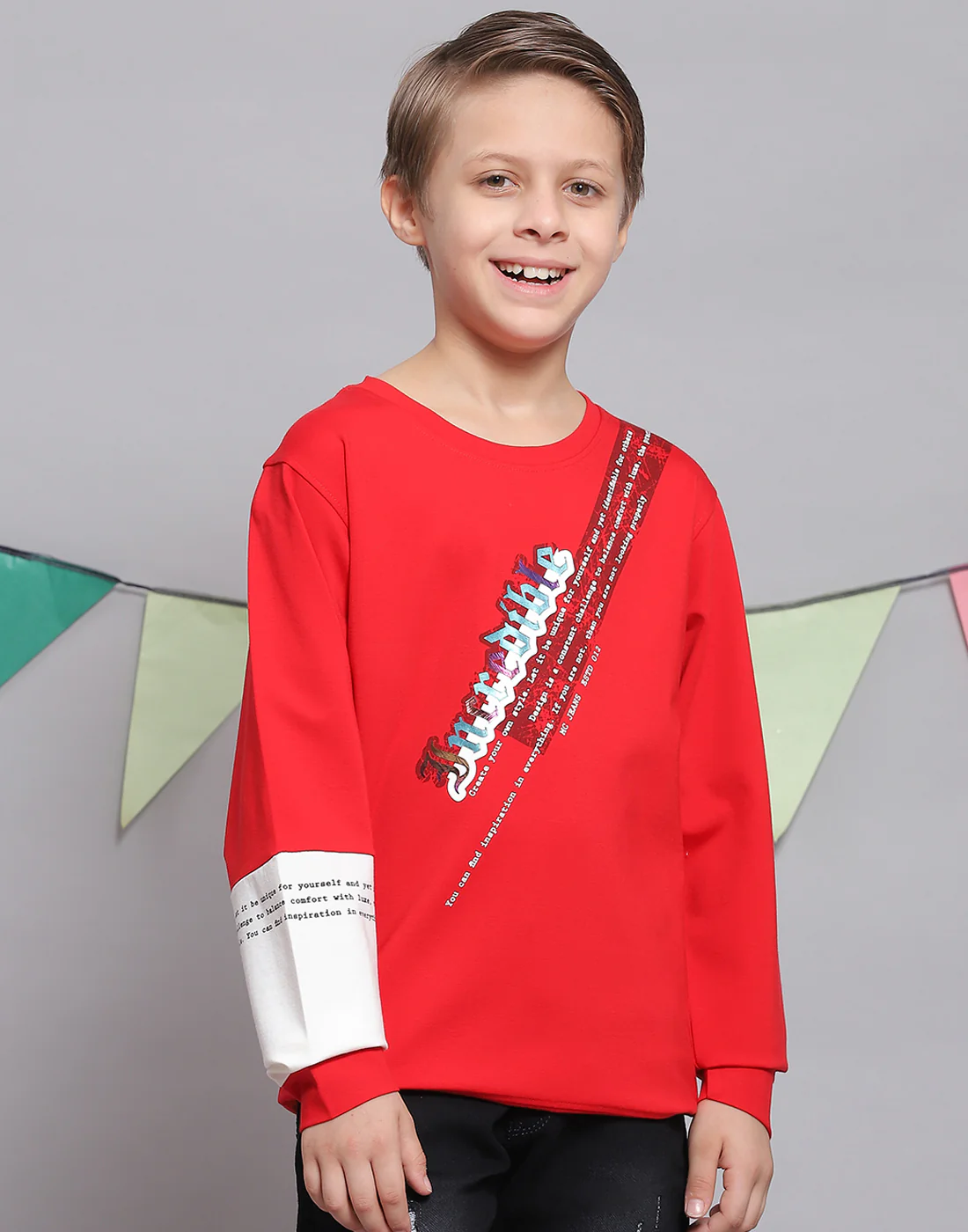 Boys Red Printed Round Neck Full Sleeve T-Shirts - Image 3