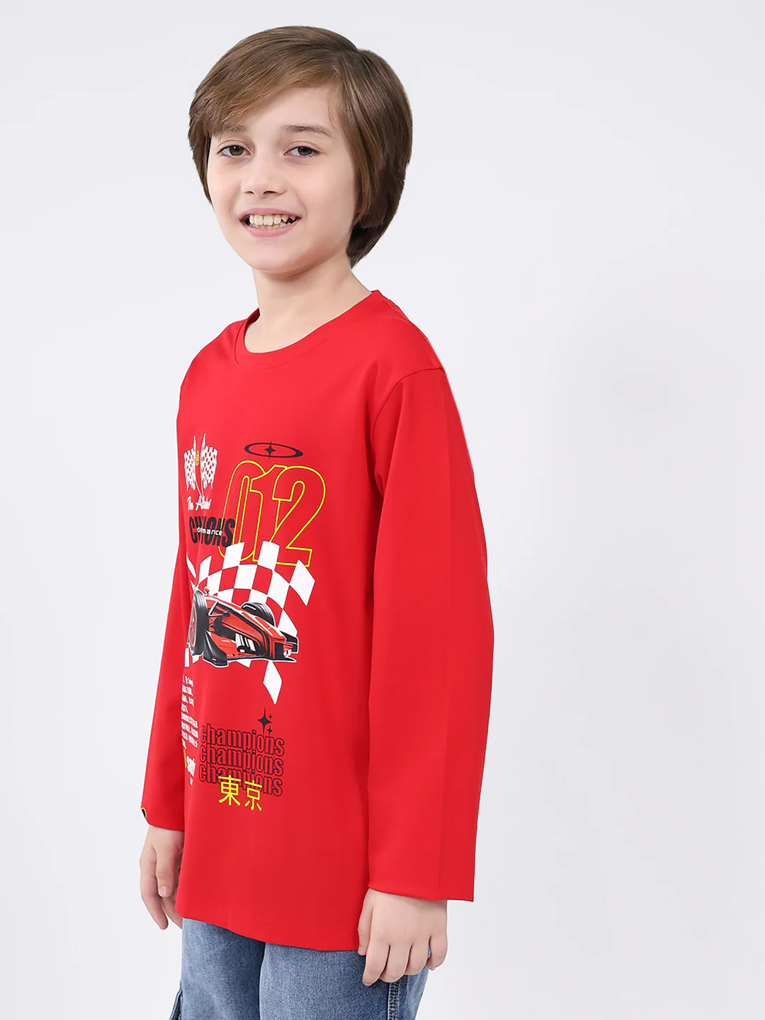 Boys Red Printed Round Neck Full Sleeve Winter T-Shirt - Image 3