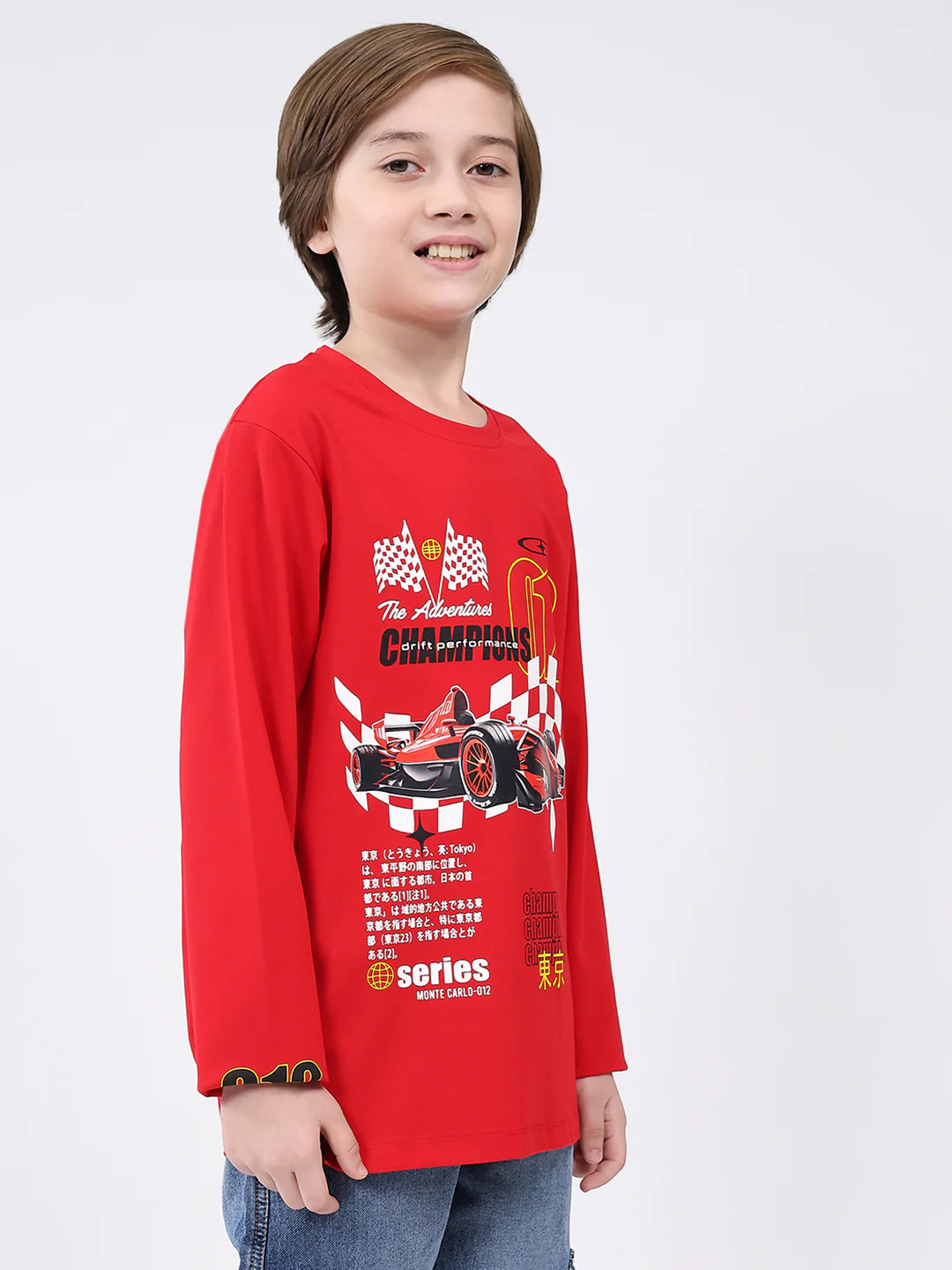 Boys Red Printed Round Neck Full Sleeve Winter T-Shirt - Image 4