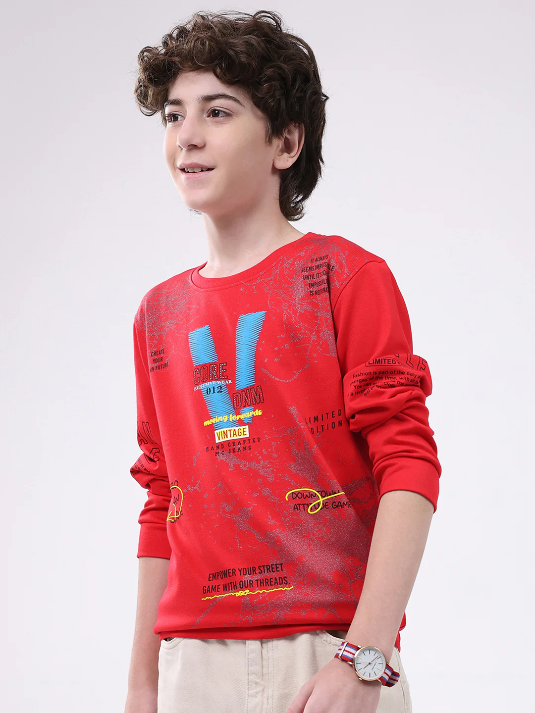 Boys Red Printed Round Neck Full Sleeve Winter T-Shirt - Image 3