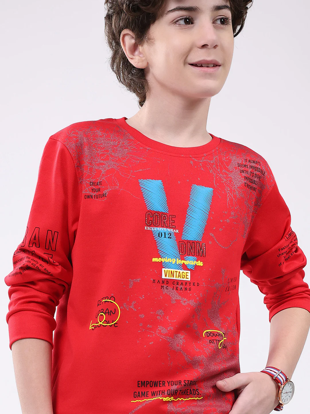 Boys Red Printed Round Neck Full Sleeve Winter T-Shirt - Image 6