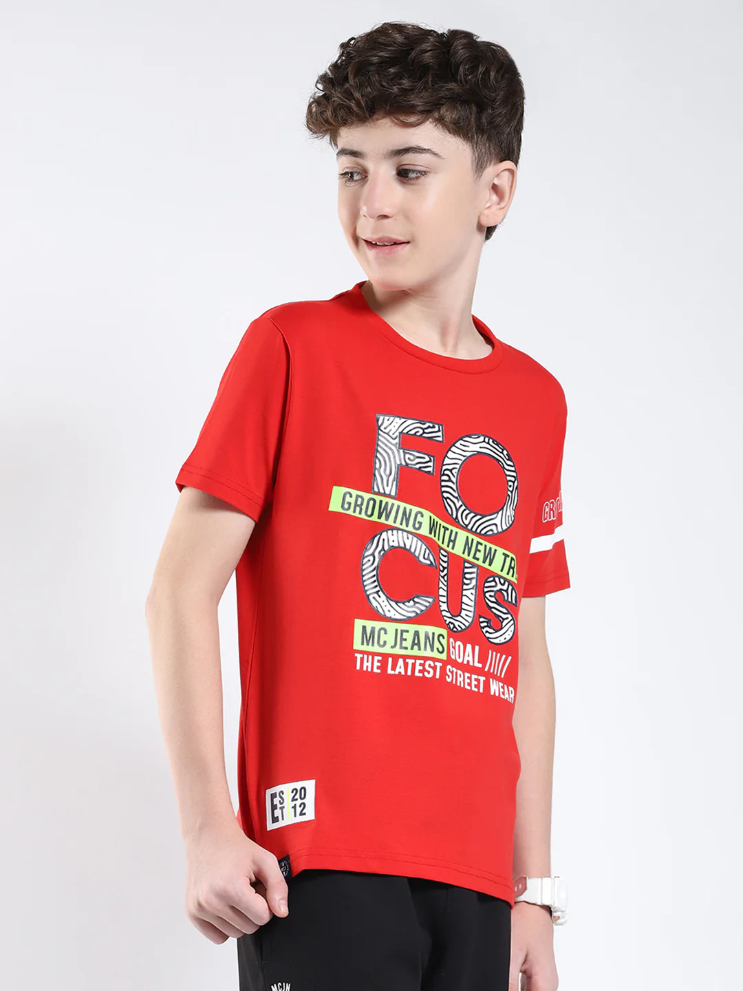 Boys Red Printed Round Neck Half Sleeve T-Shirt - Image 4