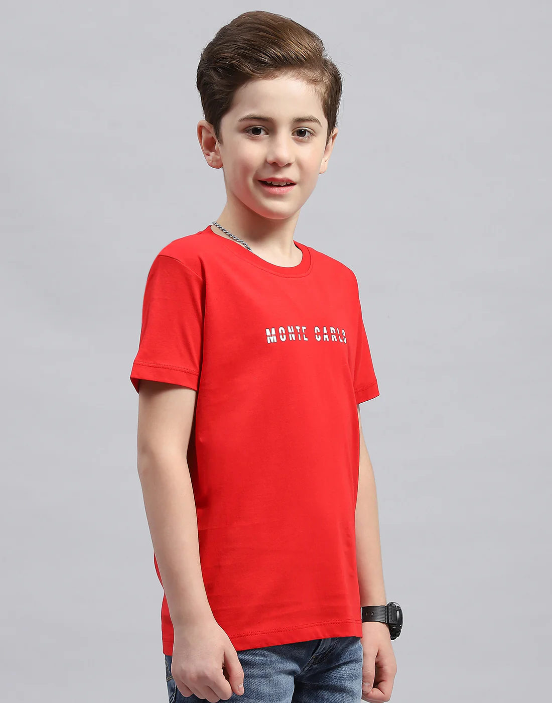 Boys Red Printed Round Neck Half Sleeve T-Shirt - Image 4