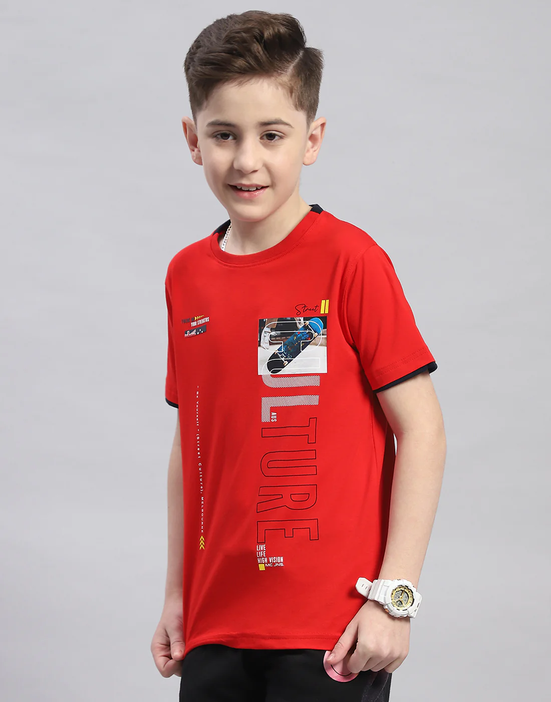 Boys Red Printed Round Neck Half Sleeve T-Shirt - Image 3