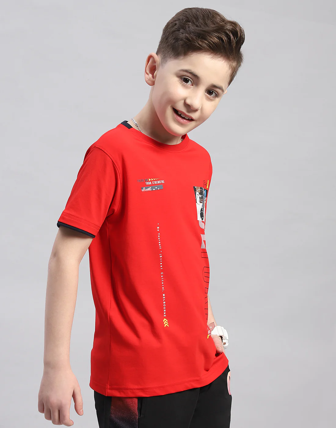 Boys Red Printed Round Neck Half Sleeve T-Shirt - Image 4