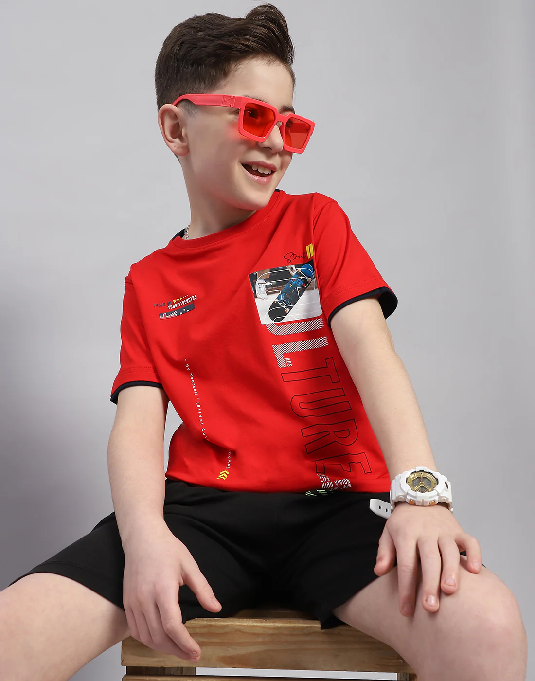 Boys Red Printed Round Neck Half Sleeve T-Shirt - Image 6