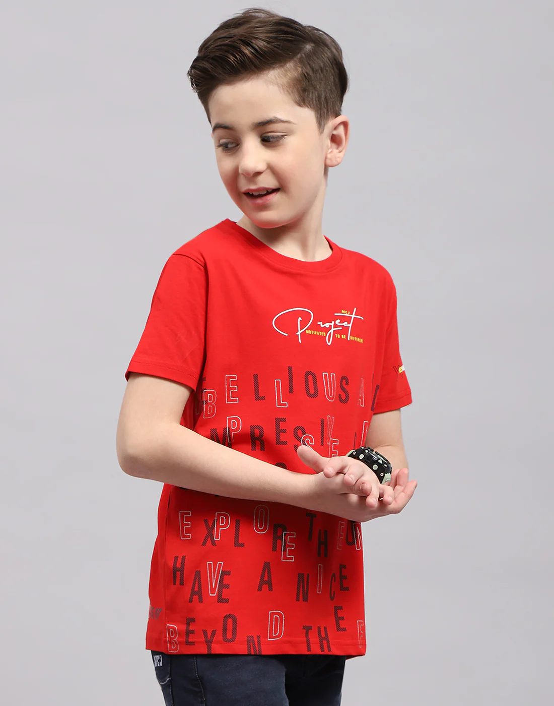 Boys Red Printed Round Neck Half Sleeve T-Shirt - Image 4