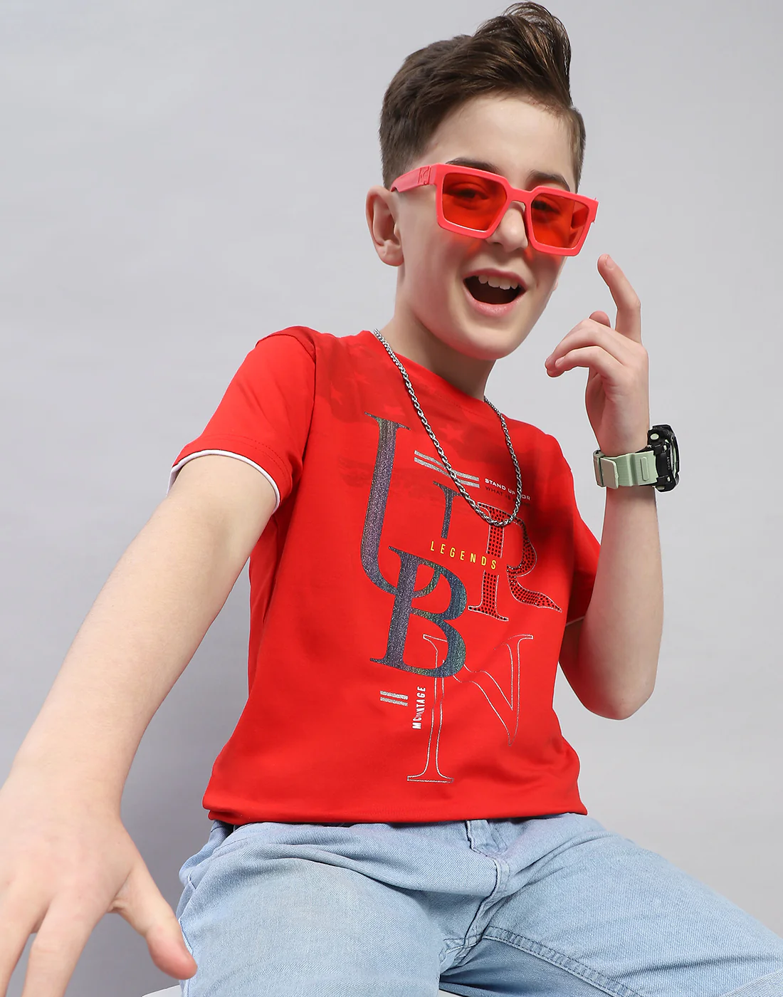 Boys Red Printed Round Neck Half Sleeve T-Shirt - Image 6