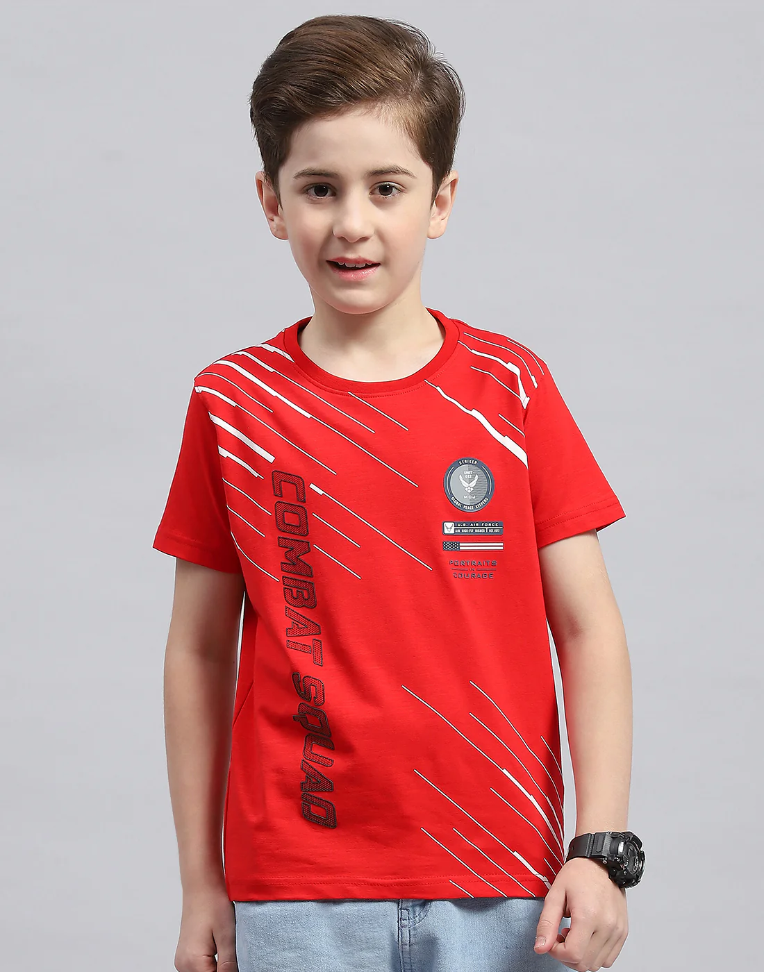 Boys Red Printed Round Neck Half Sleeve T-Shirt - Image 2