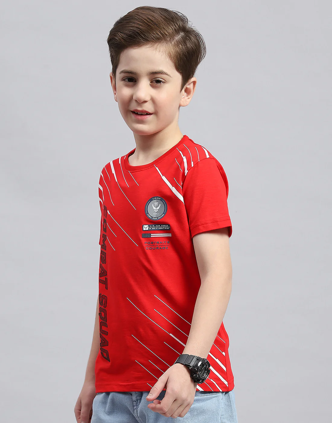 Boys Red Printed Round Neck Half Sleeve T-Shirt - Image 3