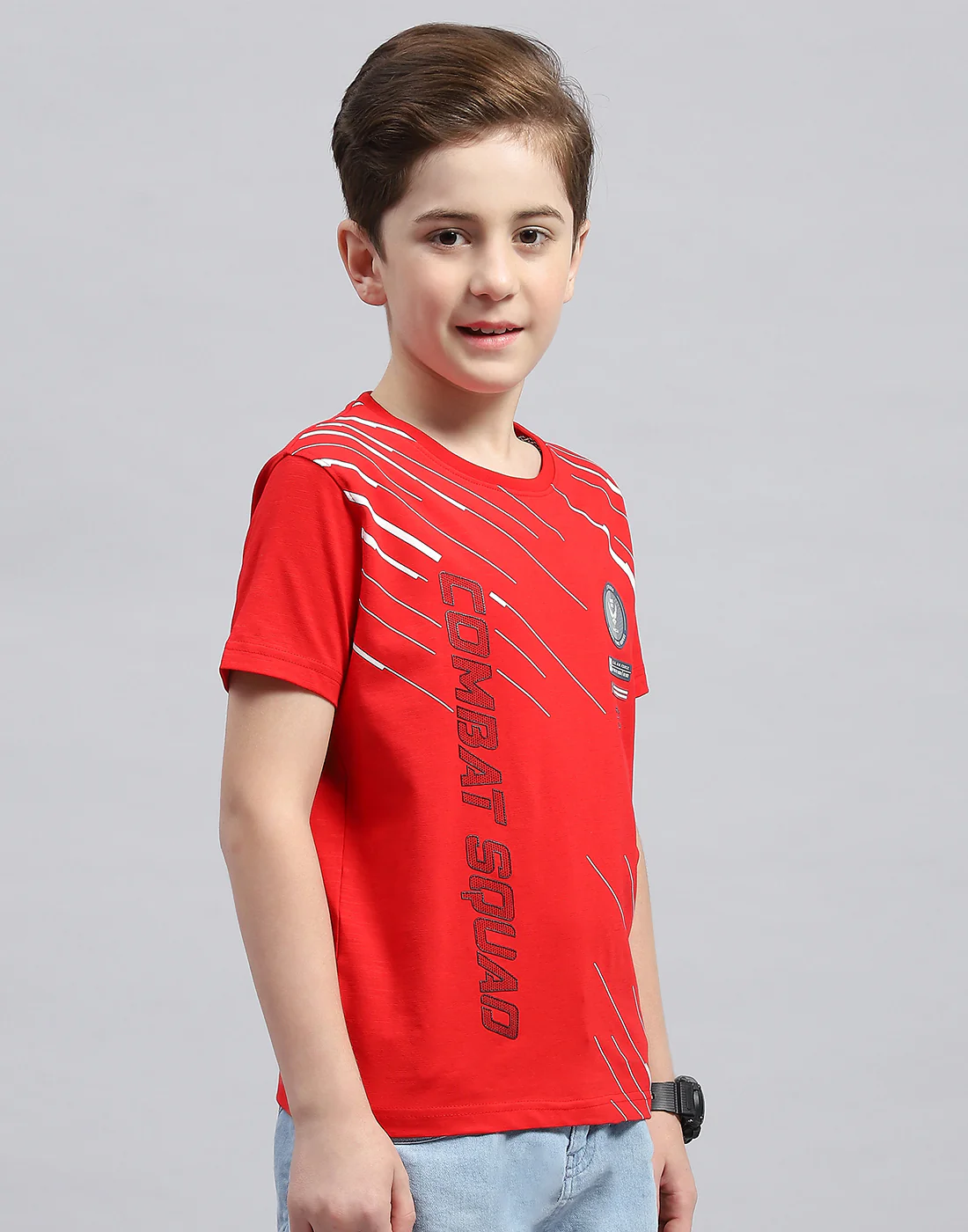 Boys Red Printed Round Neck Half Sleeve T-Shirt - Image 4