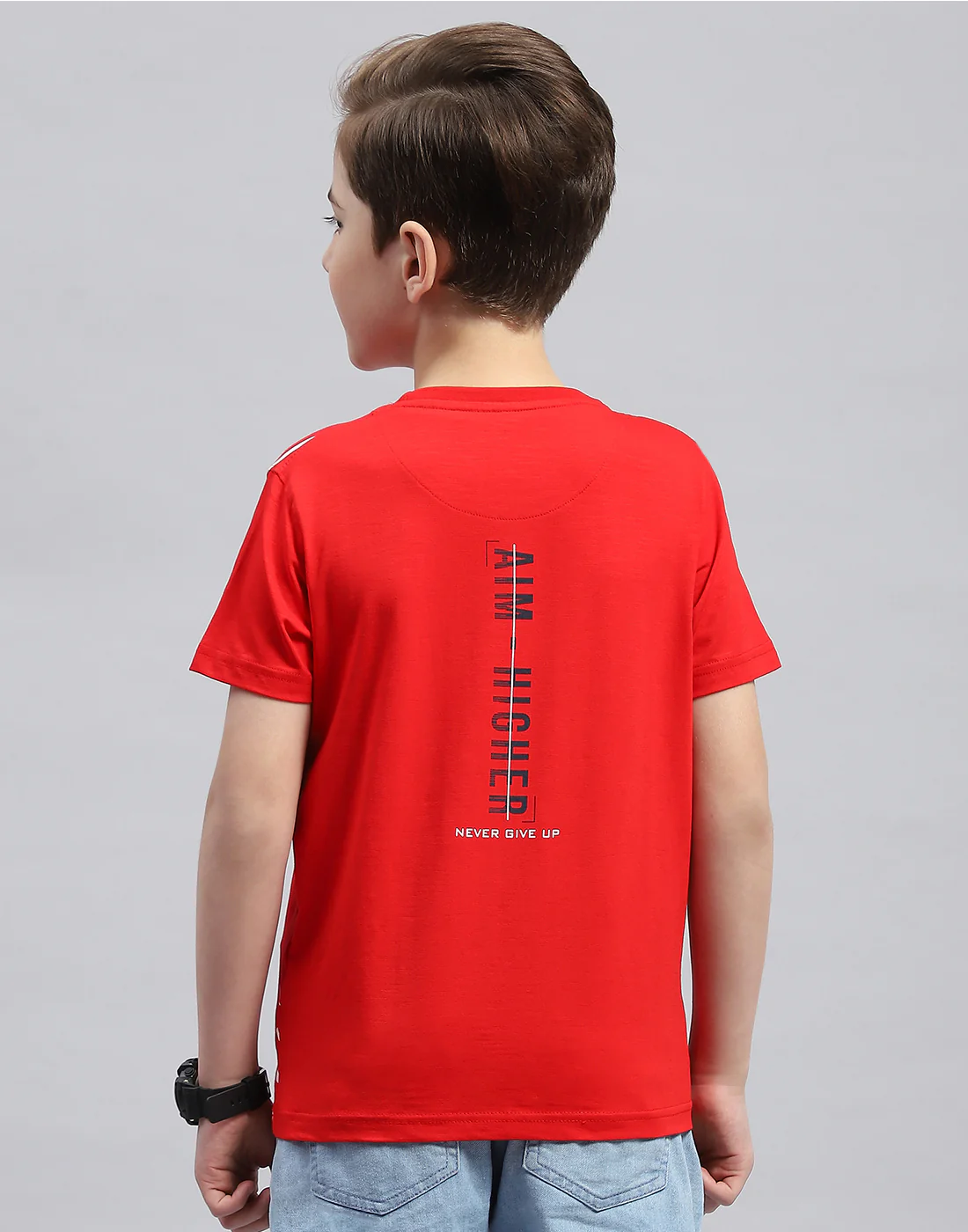 Boys Red Printed Round Neck Half Sleeve T-Shirt - Image 5