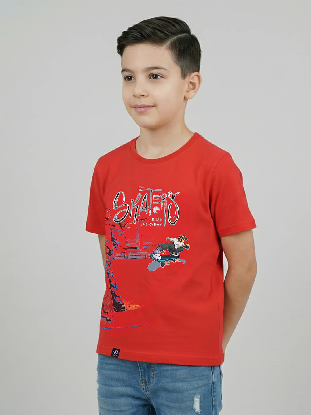 Boys Red Printed Round Neck Half Sleeve T-Shirt - Image 2