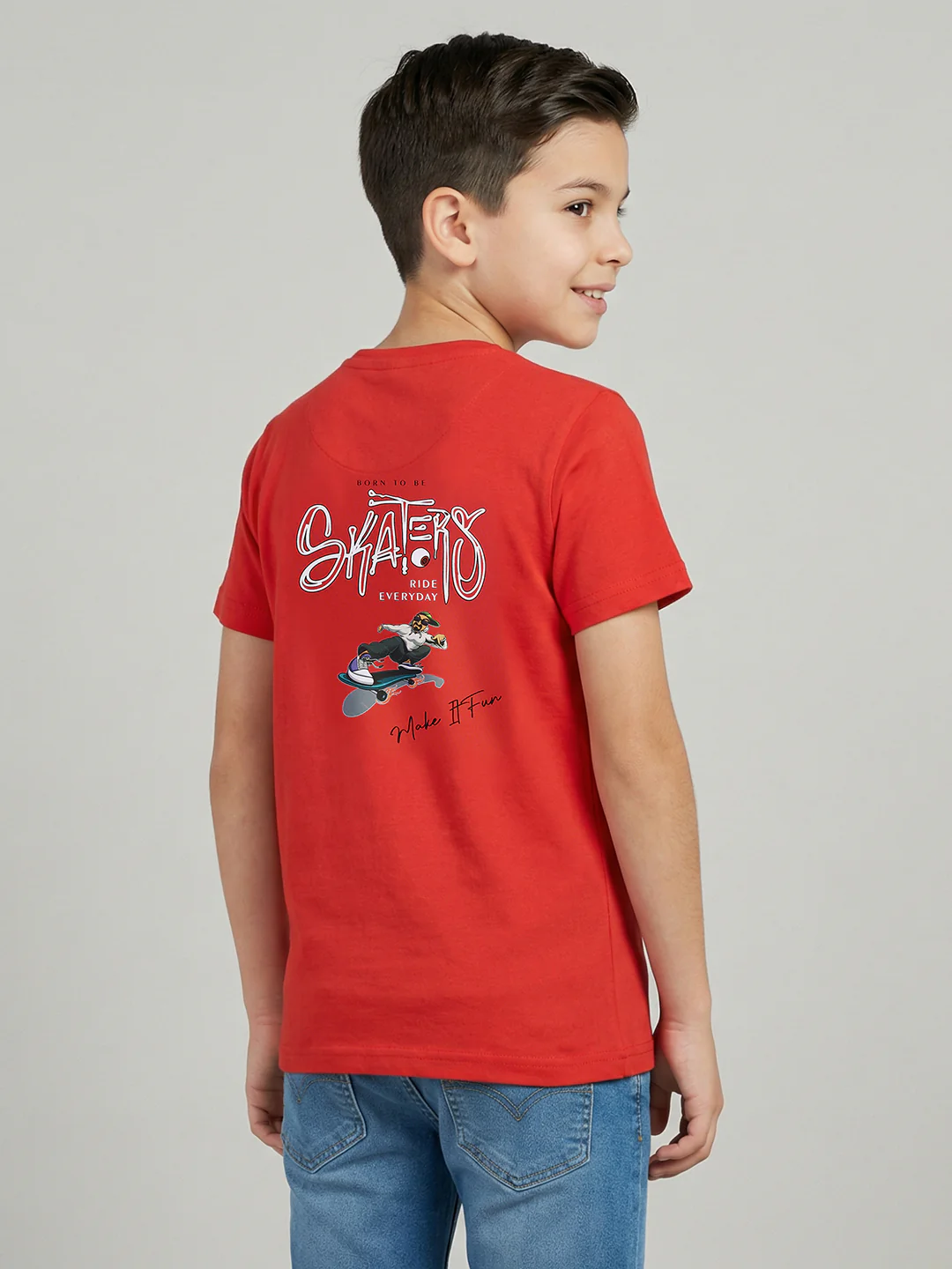 Boys Red Printed Round Neck Half Sleeve T-Shirt - Image 4