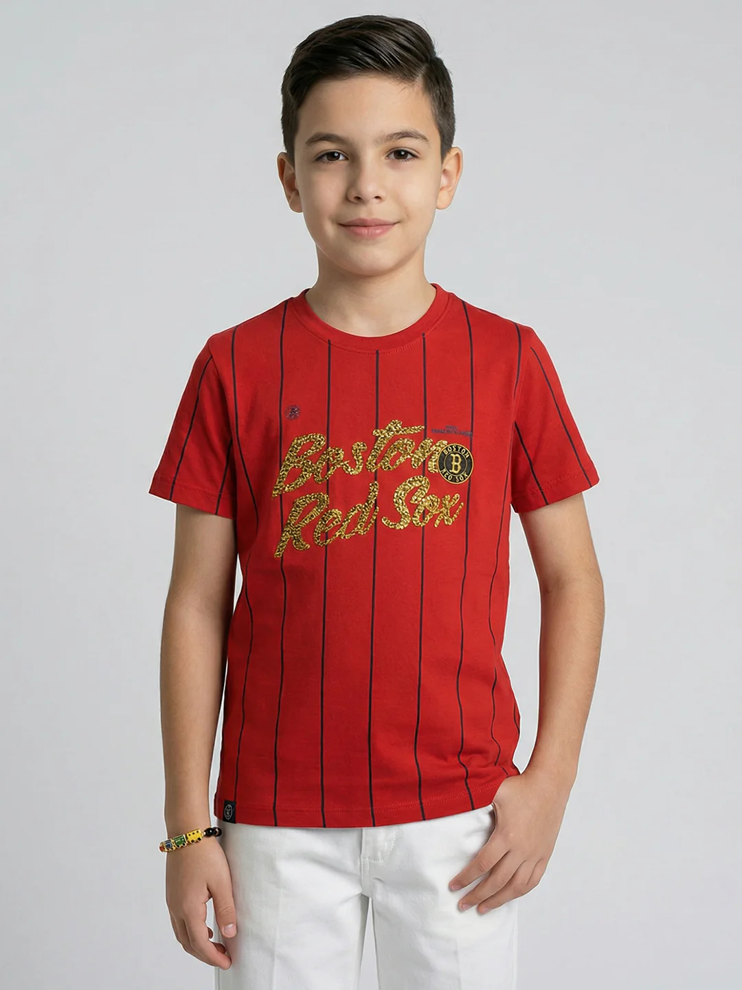 Boys Red Printed Round Neck Half Sleeve T-Shirt