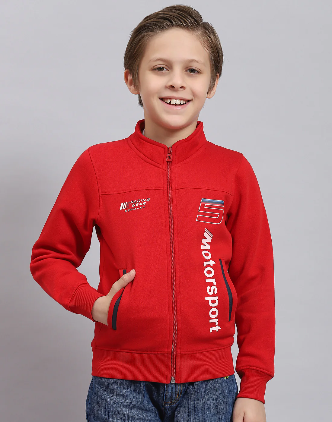 Boys Red Printed Stand Collar Full Sleeve Sweatshirt - Image 2